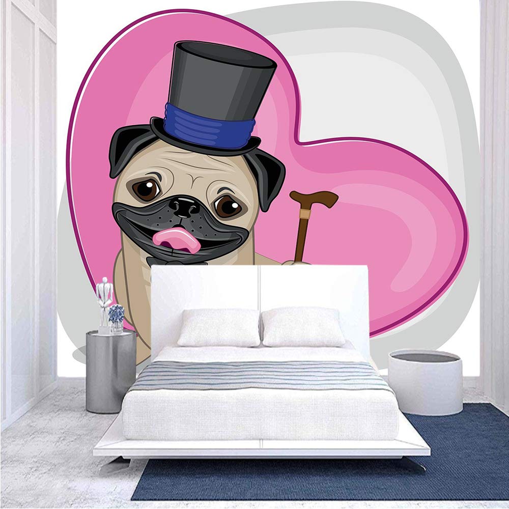 100x100 Inches Funny Dog with Top Hat and Cane Wall Mural - Peel and Stick Self-Adhesive Removable Wallpaper - Large Heart Background Wall Sticker for Living Room, Bedroom, Nursery Decor
