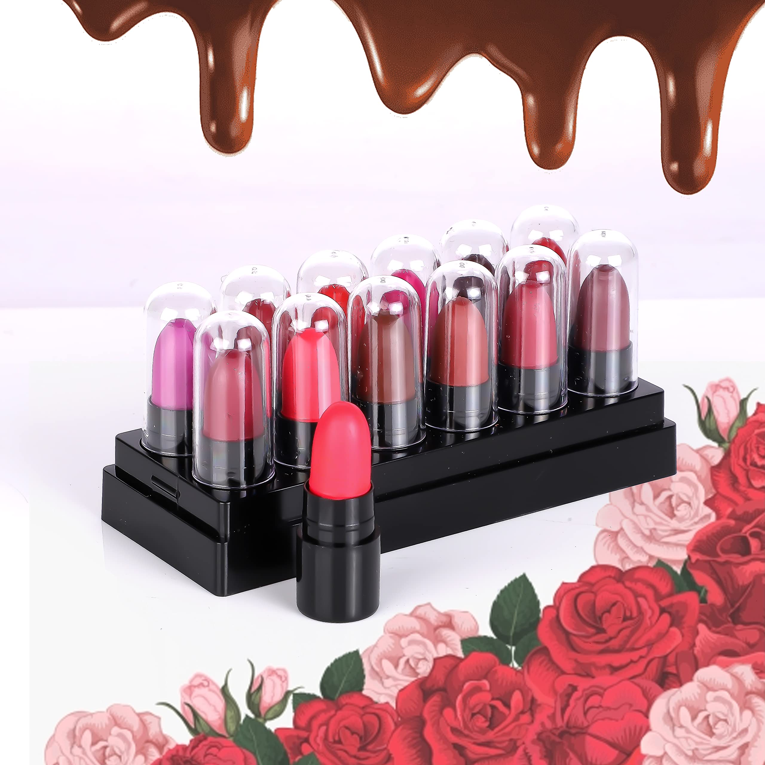 PINNER London Look Mini Pocket Lipstick Combo - 12 Vibrant Shades (Red, Magenta, Mauve, Purple, Peach, Cherry, Nude, Maroon, Brown, Pink, Disco Orange, Chocolate) 17.5g | Travel-Friendly, Everyday Wear & Party Makeup Essential