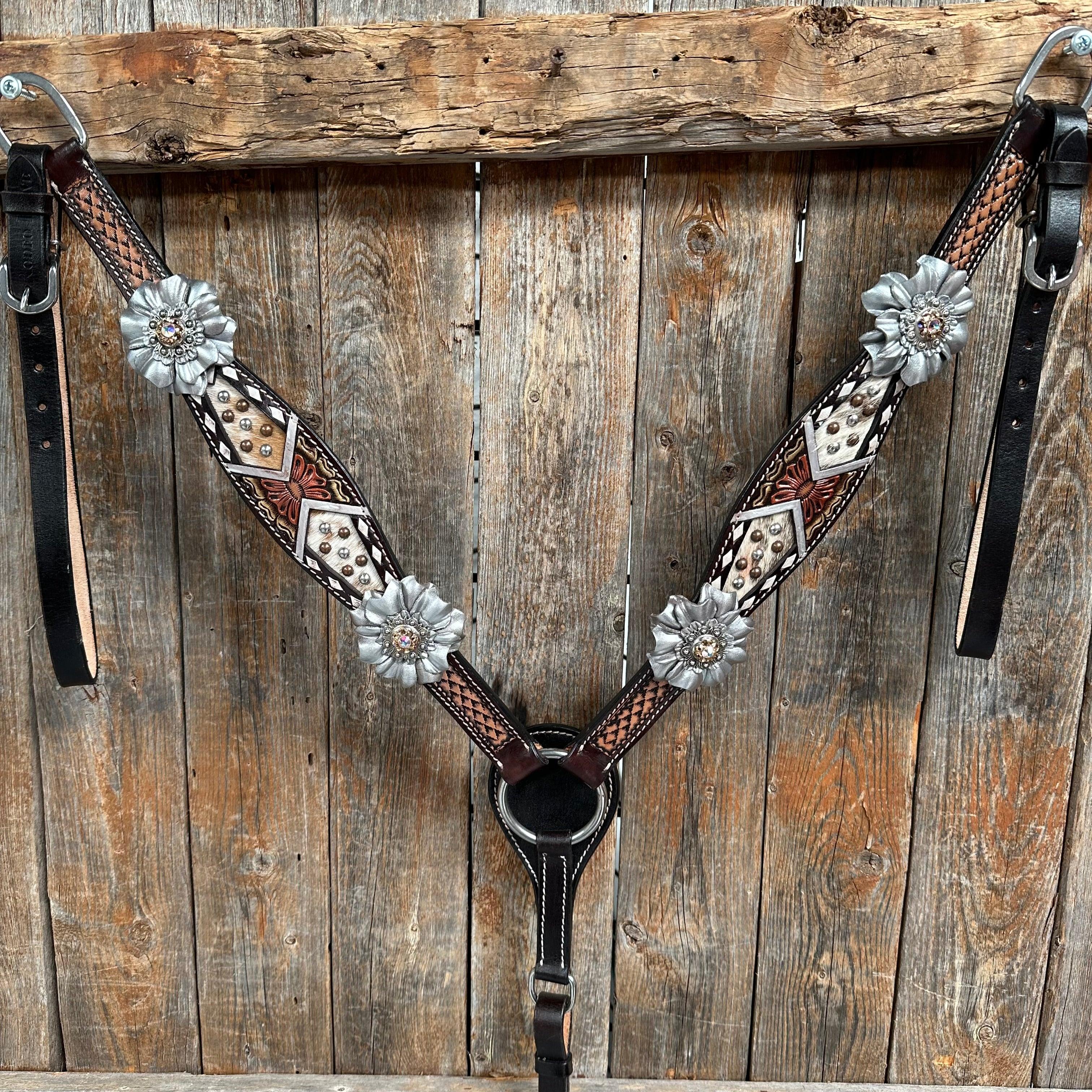 Premium Cowhide Champagne & Silver One Ear/Breastcollar Tack Set #OEBC556 – Western Horse Riding Show & Competition Equipment