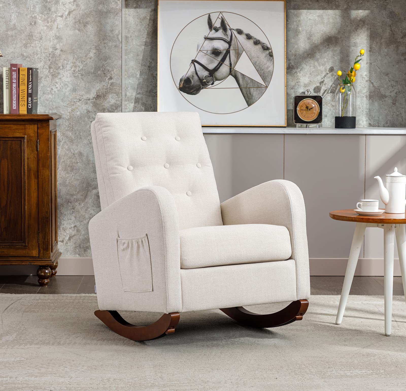 Comfy Padded Rocking Chair with Storage Pocket - High Back Solid Wood Nursery Rocker, Modern Accent Armchair for Living Room & Baby Nursery (Beige with Button Decor) - Perfect for Nursing, Reading & Relaxing