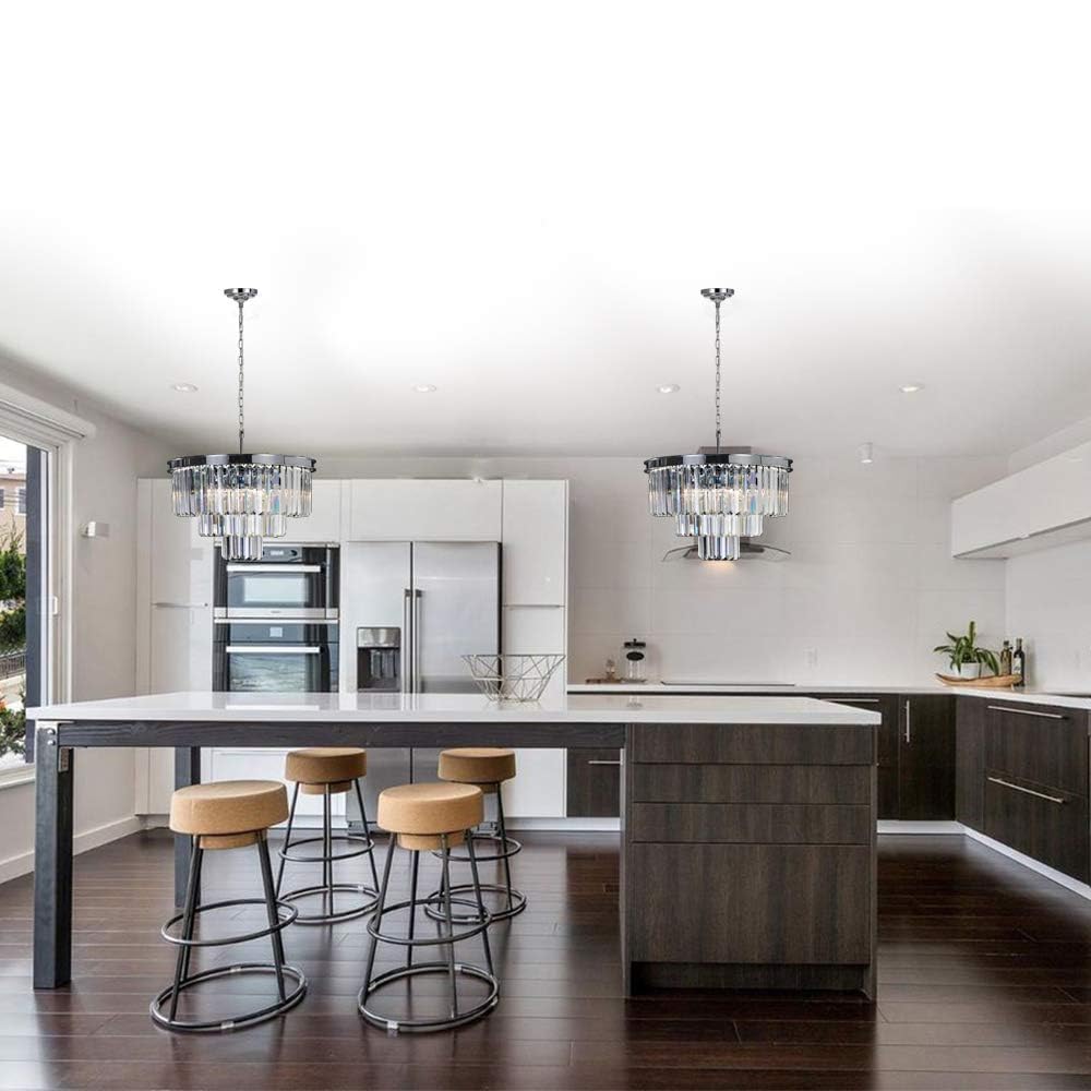 Crystal Chrome Modern Chandelier - 4-Light Pendant Ceiling Fixture with 3-Tier Design for Dining Room, Living Room & Kitchen Island Lighting | Perfect for Home Decor, Wedding Venues and Restaurant Ambiance