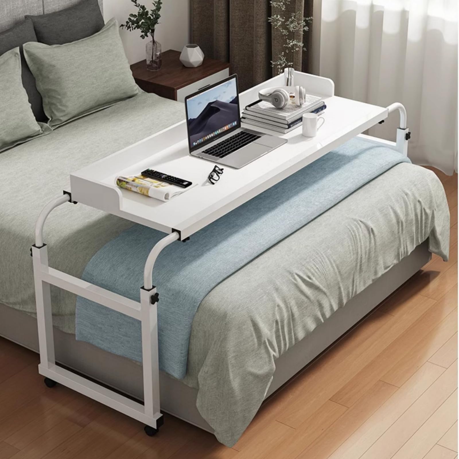 Adjustable Height Overbed Table with Wheels - Mobile Bed Desk for Laptop, Breakfast, Reading & Work - Brown    (Use Cases: Perfect for hospital patients, home office, studying in bed, or enjoying meals comfortably)
