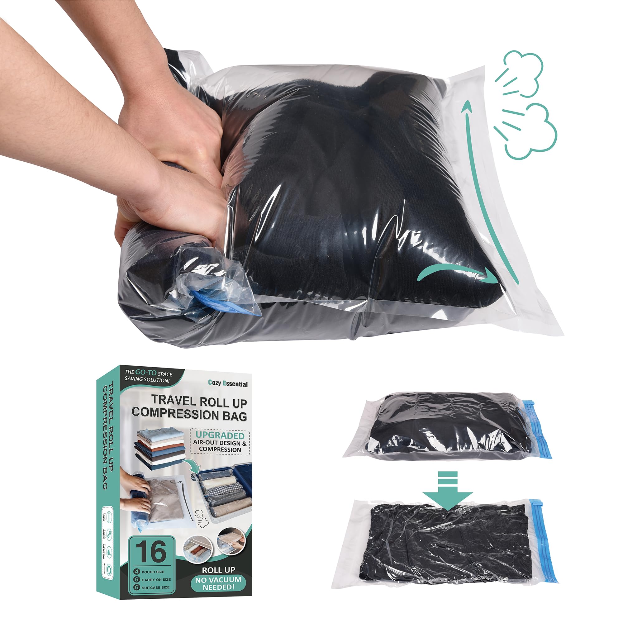 16 Pack Space Saver Compression Bags for Travel - No Vacuum Needed - Cruise Accessories & Packing Essentials | Perfect for Organizing Luggage, Clothes Storage & Maximizing Suitcase Space