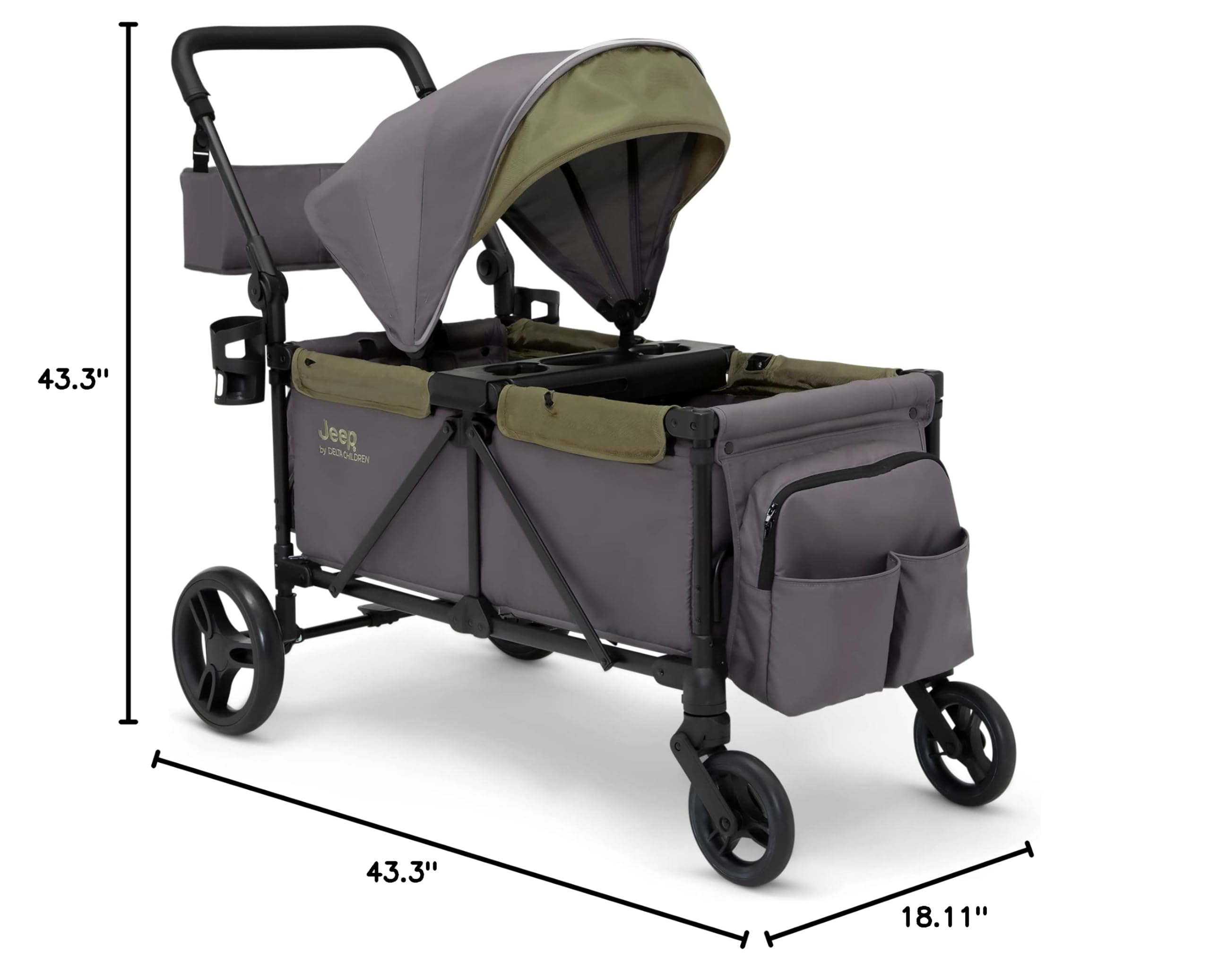 Delta Children Jeep Sport All-Terrain Stroller Wagon with Canopy, Parent Organizer & Adjustable Handlebar - Grey/Olive Green | Perfect for Outdoor Adventures, Beach Trips & Family Outings