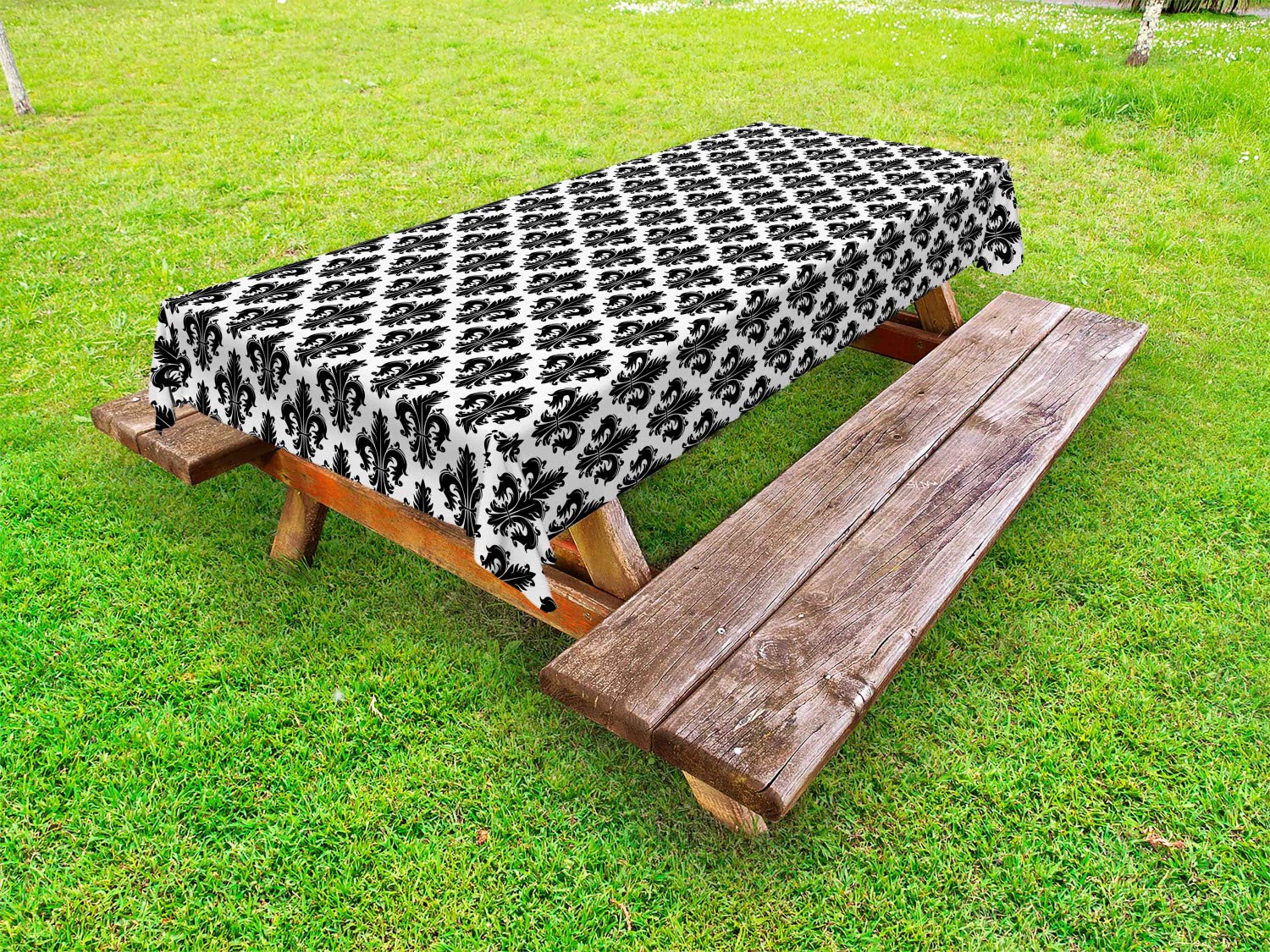 Ambesonne Fleur De Lis Outdoor Tablecloth - Monochrome Royal Lily Victorian Vintage Design, Washable Picnic Table Cover 58