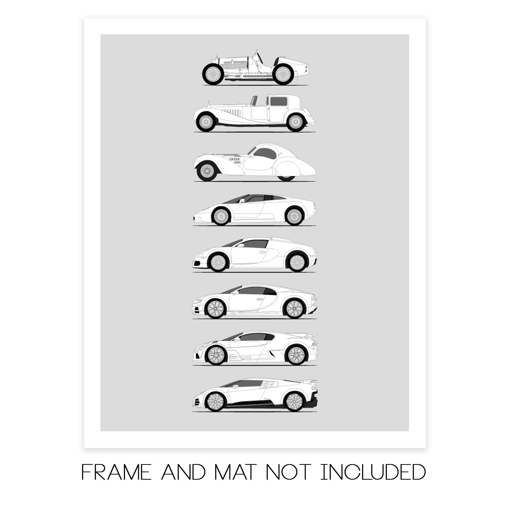 Bugatti Generations History Evolution Print - Handmade Wall Art Decor (8x10
