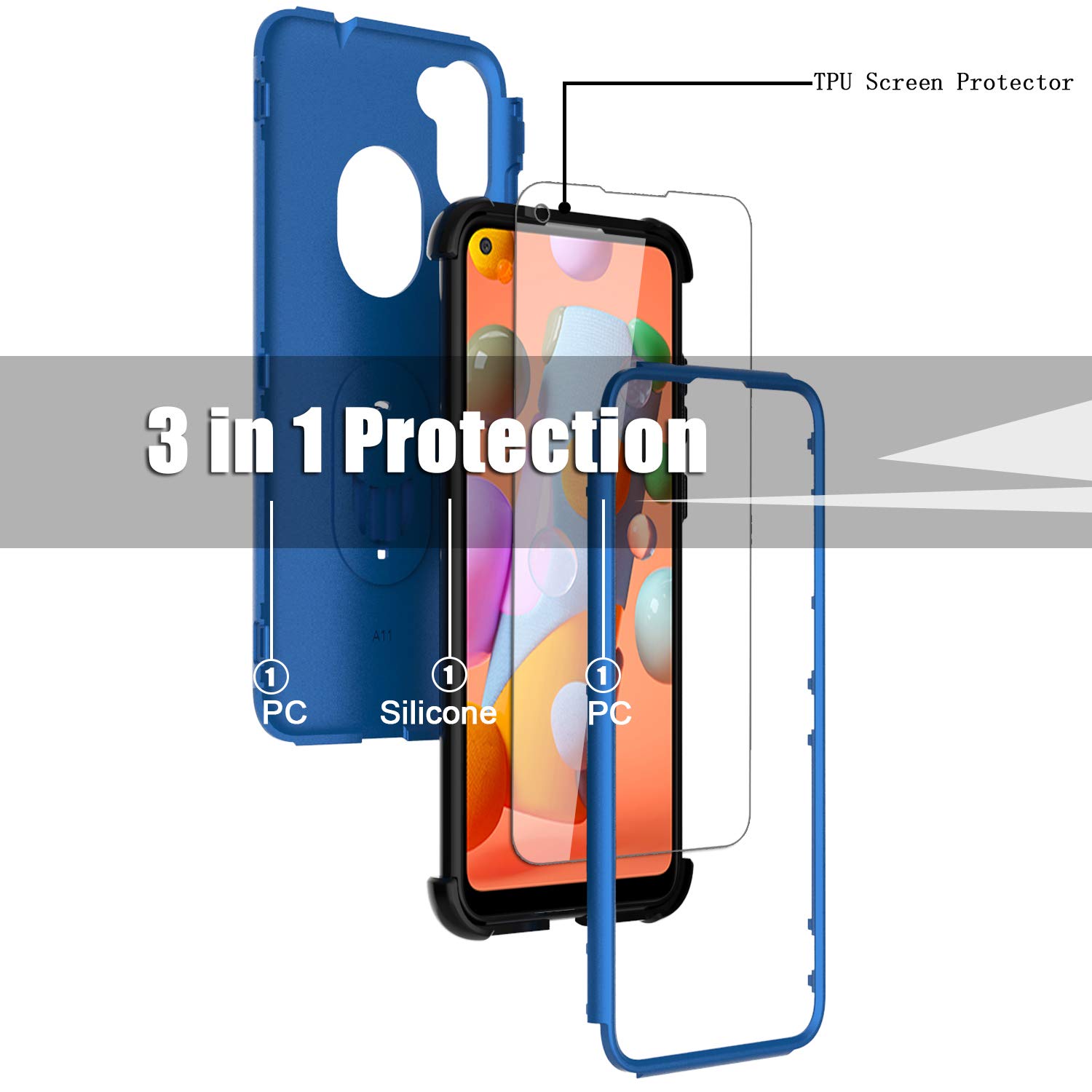 Shockproof Samsung Galaxy A11 Case with Screen Protector & Ring Holder Kickstand - Compatible with SM-A115F (Blue) | Perfect for Daily Protection, Hands-Free Viewing & Secure Grip