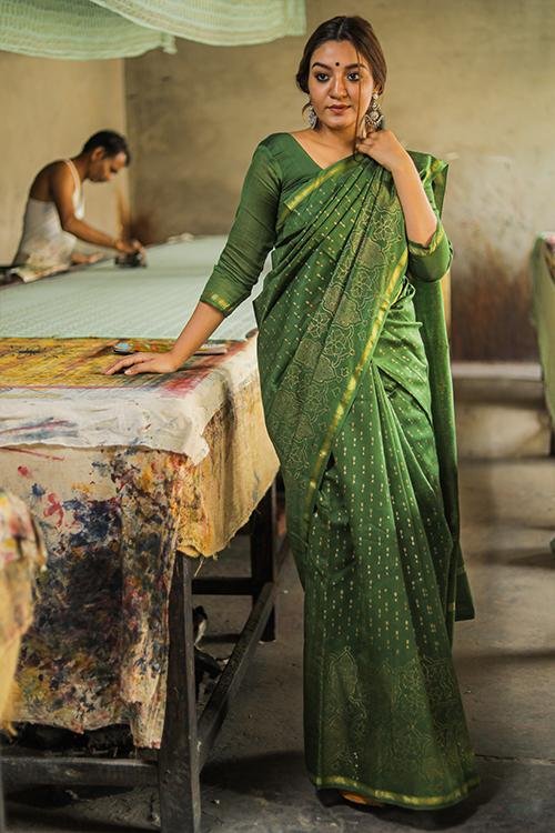 VERDANT Handblock Print Chanderi Silk Saree - Elegant Indian Traditional Dress for Women | Perfect for Weddings, Parties & Festive Occasions
