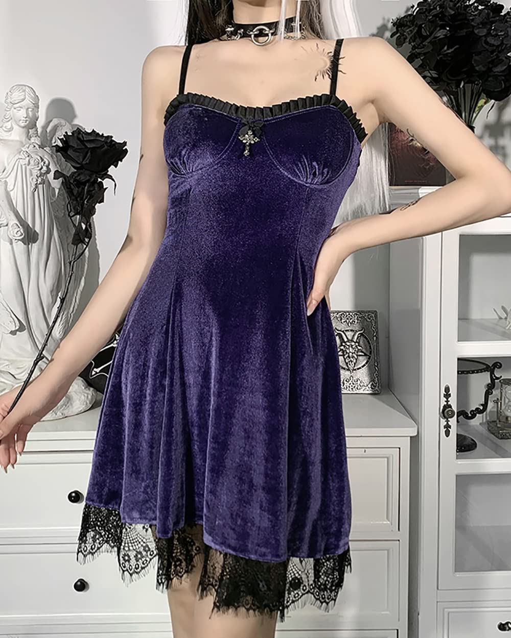 TSMNZMU Gothic Black Velvet Bodycon Dress for Women - Sexy Backless Lolita Aesthetic Summer Club Dress | Perfect for Night Out, Party, Cosplay & Casual Wear
