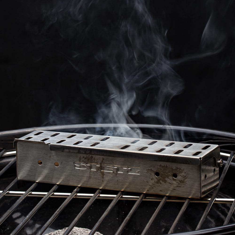 STETZ Mini Smoker Box for Gas & Charcoal Grills - Stainless Steel Wood Chips Smoker Box with Hinged Lid - 6.7