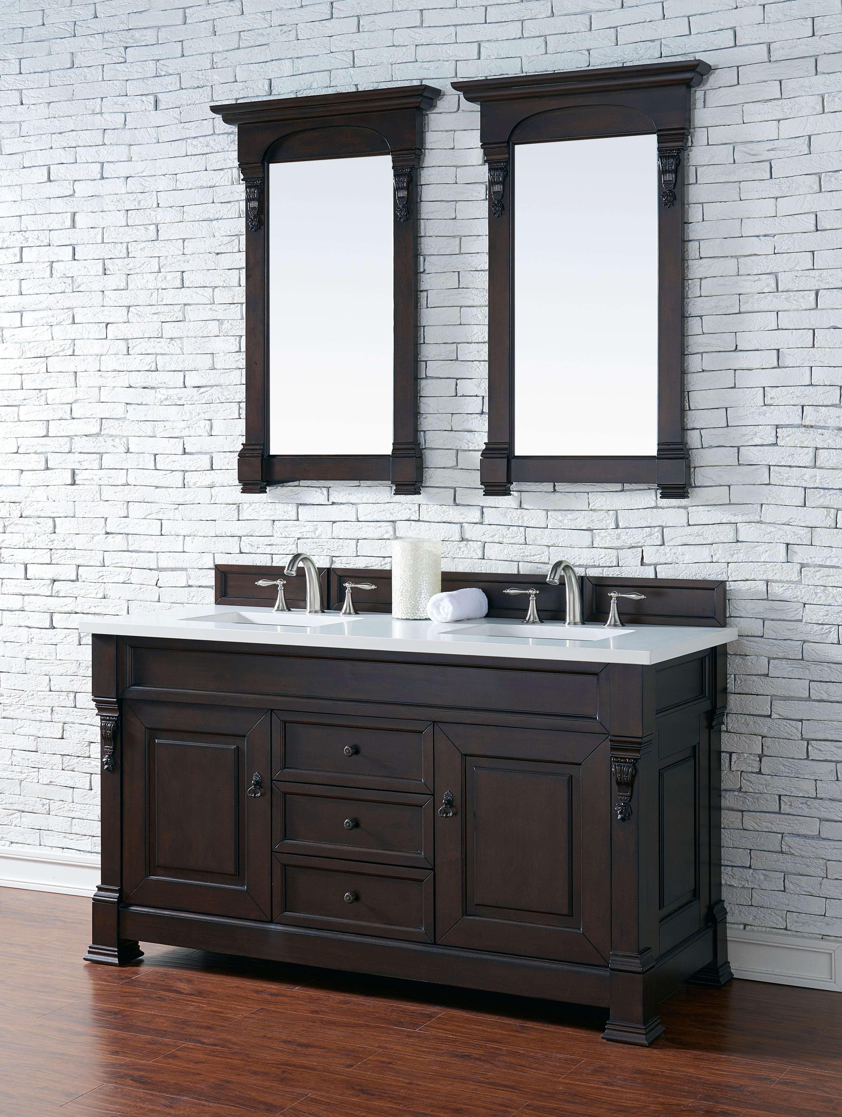 Brookfield 60-Inch Double Vanity with Burnished Mahogany Base & 3CM White Zeus Quartz Top - Perfect for Master Bathroom & Luxury Home Renovation