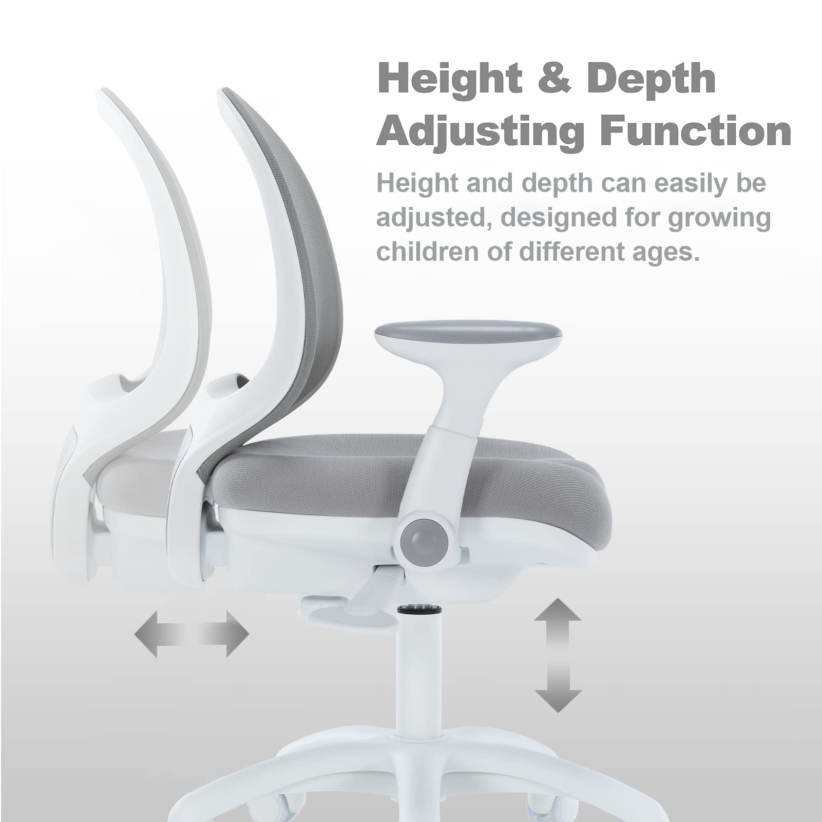 Ergonomic Adjustable Kids Desk Chair for Boys & Girls - Study & Computer Chair with Height & Seat Depth Adjustment - Grey with Armrests - Perfect for Home Office & Online Learning