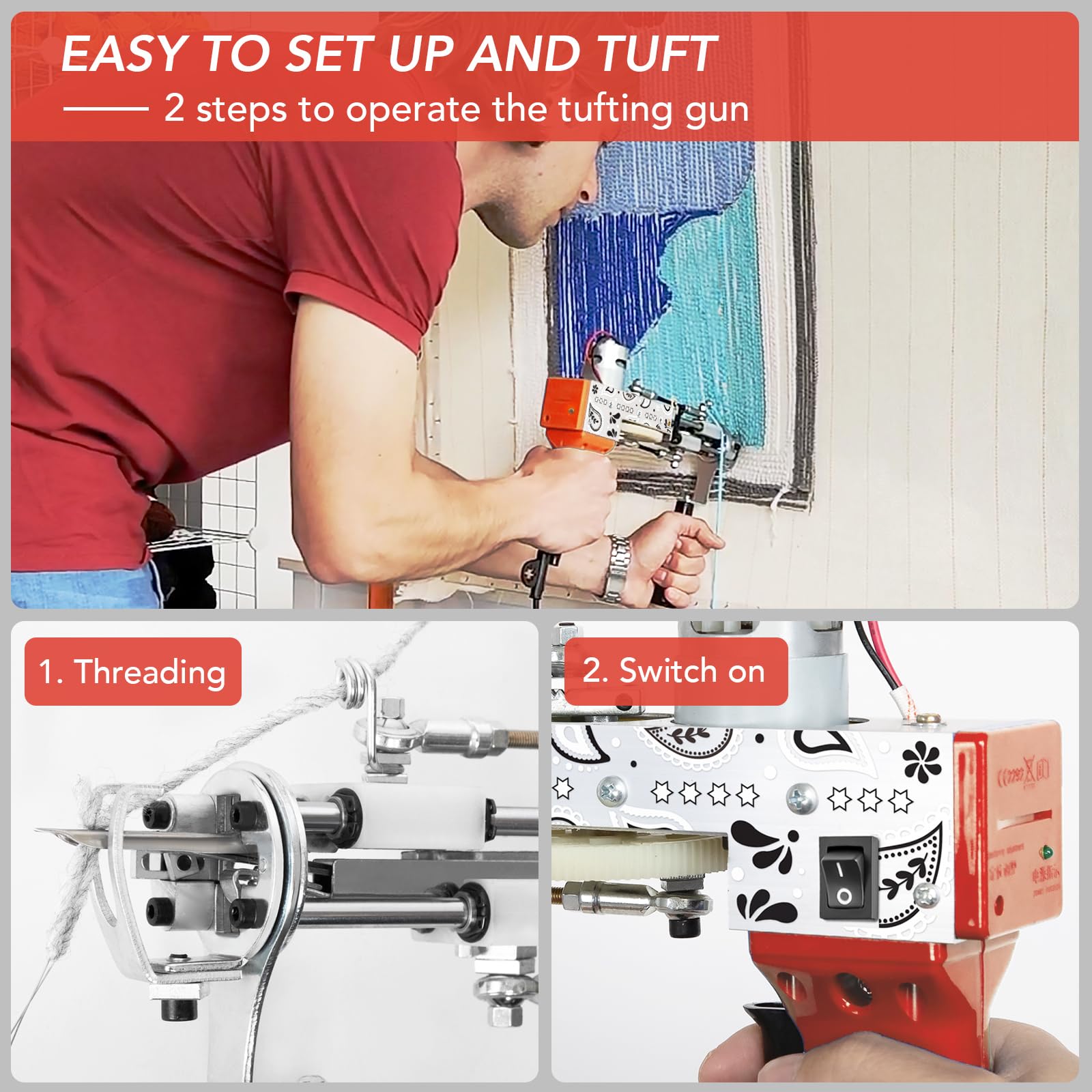 Premium Rug Tufting Gun & Carpet Trimmer Kit - 2-in-1 DIY Carpet Making Tool with Rug Shaver, Punch Needles & Fabric (Orange) - Perfect for Home Decor, Craft Projects & Custom Rug Creation