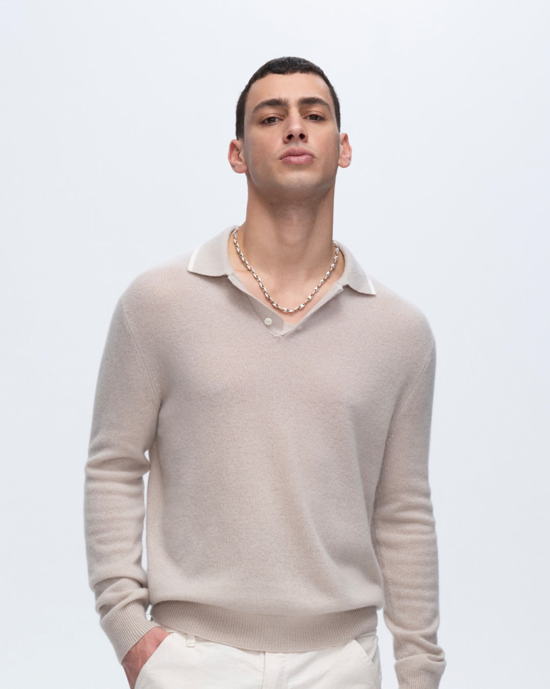 Luxury Cashmere Long Sleeve Polo Sweater for Men & Women - Soft Beige Chalk Color - Premium Knit Pullover for Office, Travel & Casual Wear