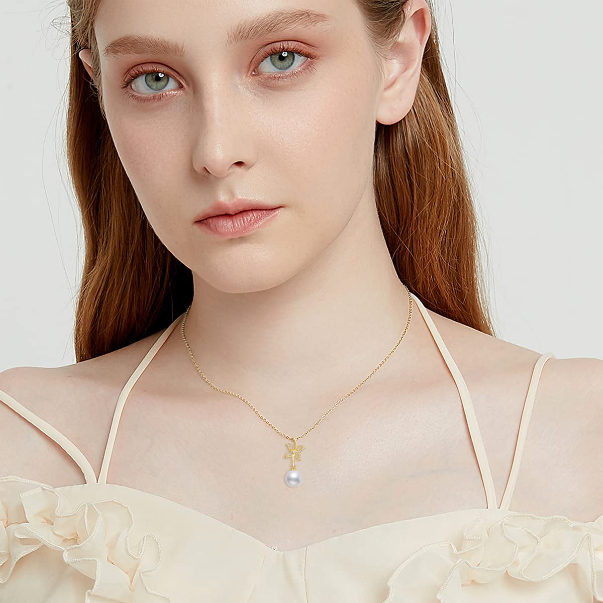 14K Real Gold Pearl Pendant Necklace for Women - Butterfly/Crown/Flower Pearl Necklace in Yellow Gold, 16-18 Inch, Elegant Jewelry Gift for Wife, Mom, Girlfriend | Perfect for Christmas, Birthday, Anniversary & Special Occasions
