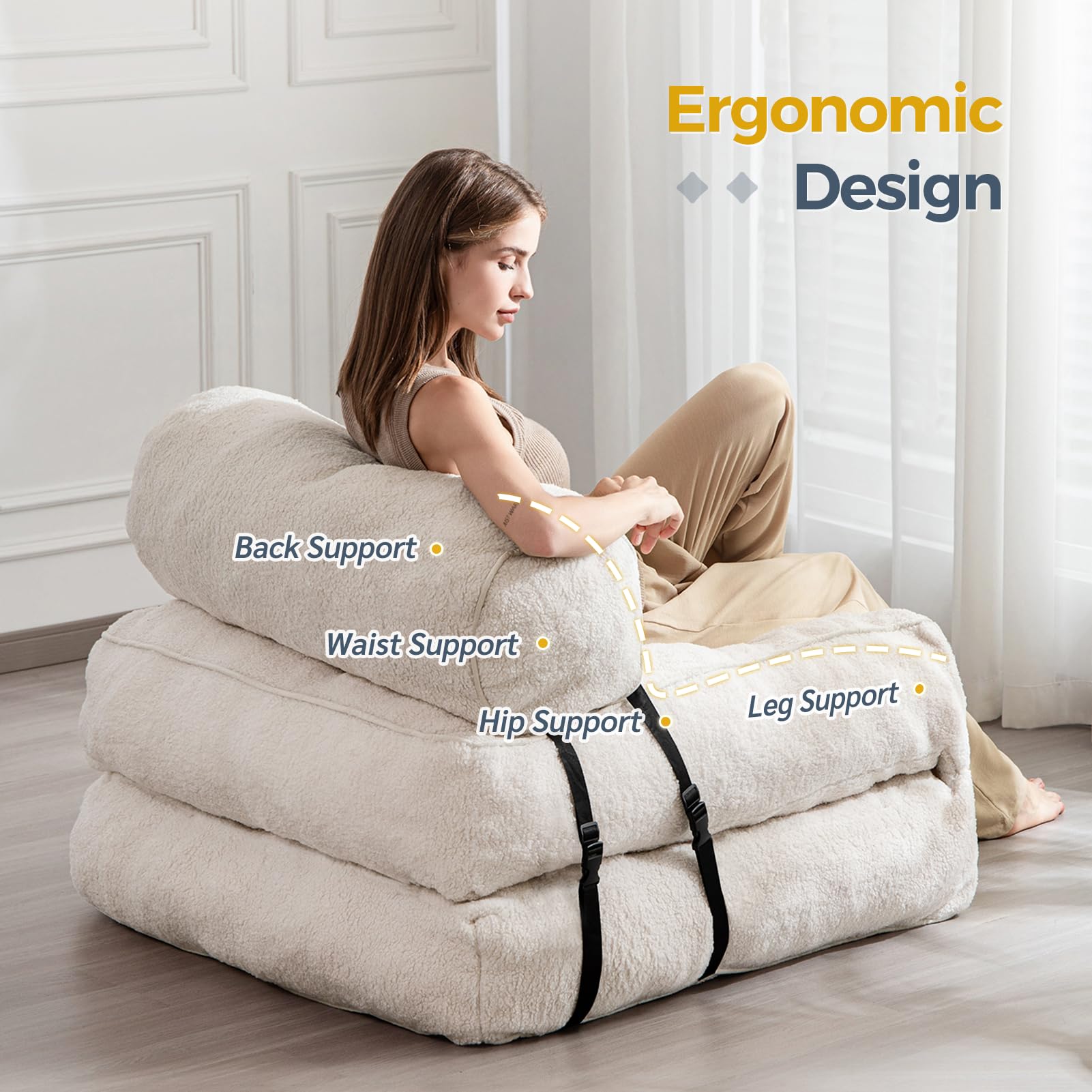 MAXYOYO Folding Sofa Bed - Convertible Boucle Sleeper Chair with Removable Bolster Pillow, Multi-Functional Floor Sofa Lounge for Small Space (Beige) | Perfect for Living Room, Bedroom, Guest Room & Studio Apartment