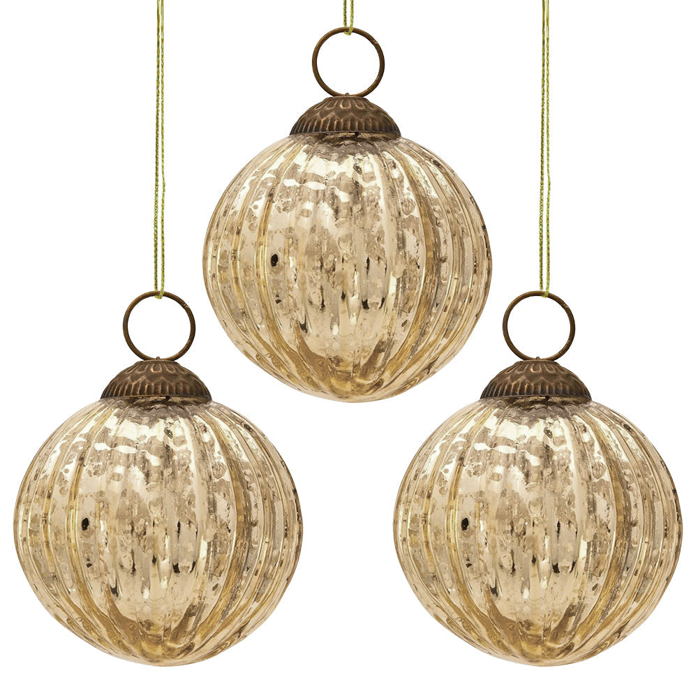 3 Pack Gold Mercury Glass Ball Ornaments - Elegant Christmas Tree Decorations for Holiday Home & Party Decor