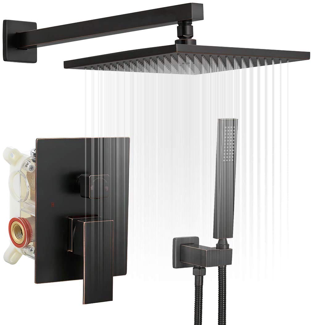 Oil Rubbed Bronze Rainfall Shower System - 10 Inch Wall Mounted Shower Head with Handheld Spray, Mixer Valve & Rough-in Trim - Perfect for Modern Bathroom Renovations & Spa-Like Experience