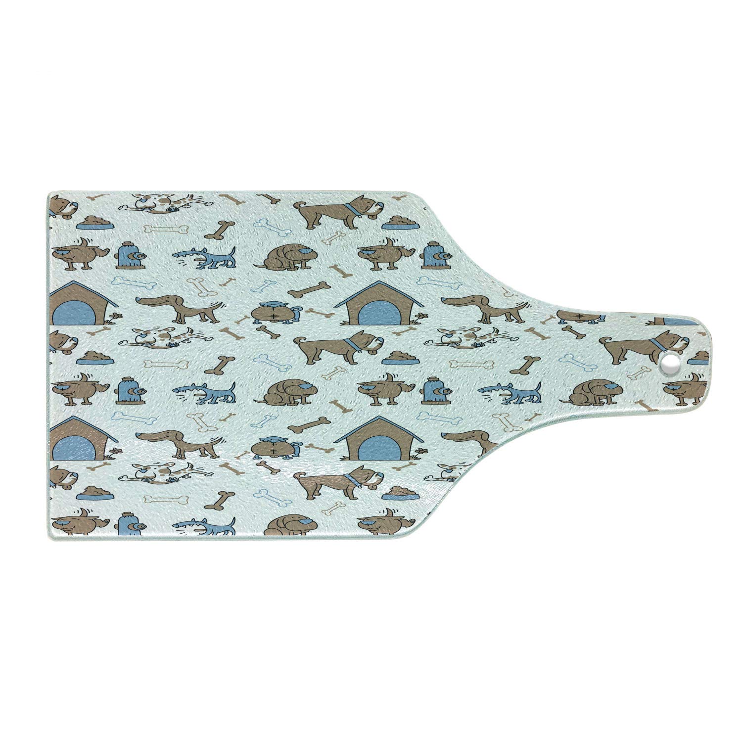 Ambesonne Dog-Themed Cartoon Bones Cutting Board - Tempered Glass Serving Tray with Wine Bottle Shape in Cocoa Sky Blue - Perfect for Kitchen Decor, Pet Lover Gifts & Party Serving