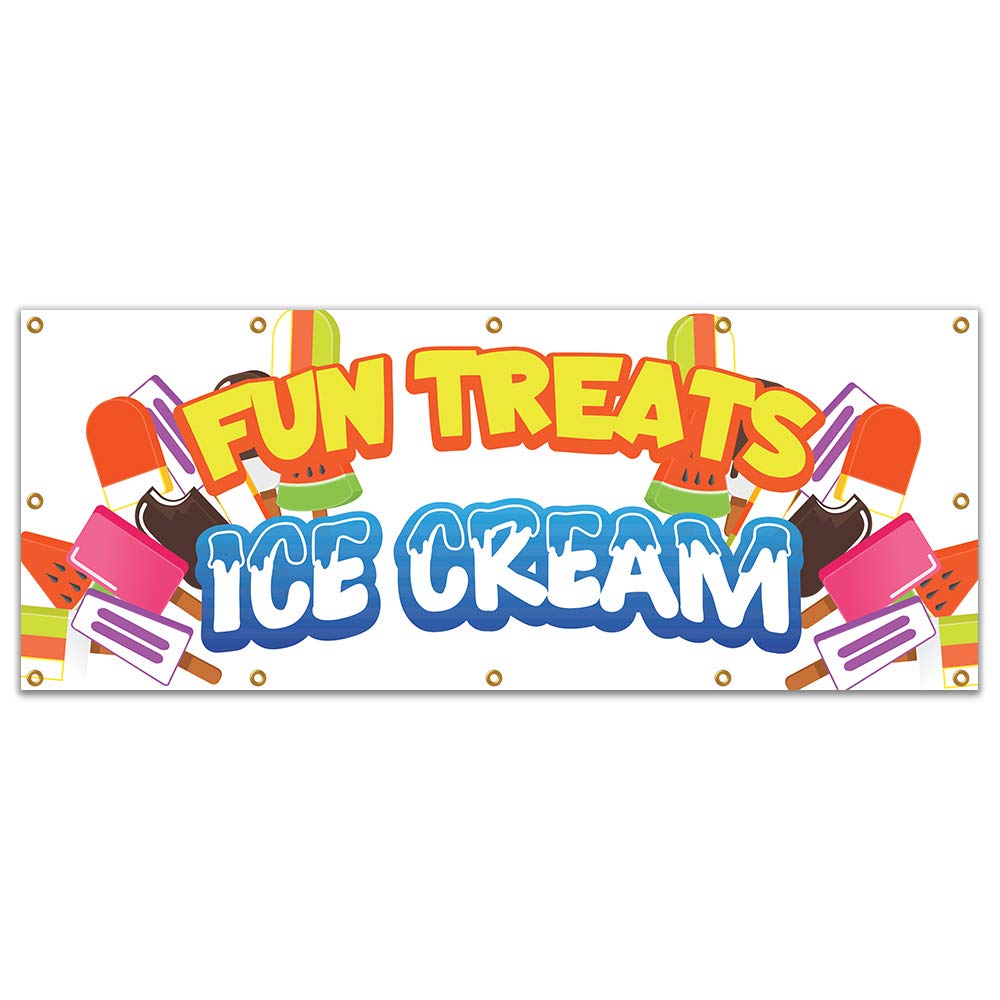 Fun Treats Ice Cream 120-Inch Vinyl Banner for Concession Stands & Food Trucks - Single Sided - Perfect for Outdoor Events, Carnivals, and Ice Cream Shops