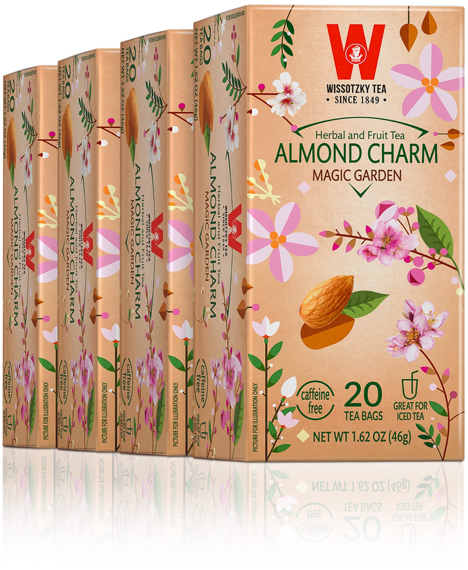 Wissotzky Almond Charm Herbal Tea Bags - 4 Pack (80 Bags Total) | Caffeine-Free, Premium Fruit & Herbal Infusion | Perfect for Relaxation, Afternoon Tea & Gift Giving