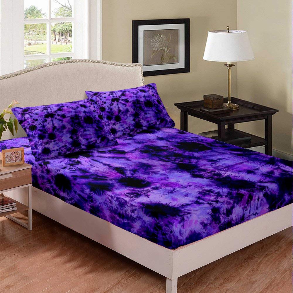 Purple Skull Tie Dye Queen Size Bed Sheet Set - 3 Piece Microfiber Duvet Cover with Fitted Sheet & Pillowcases for Teens, Kids Room Decor | Gothic Abstract Dying Theme for Bedroom, Dorm, Sleepover Party