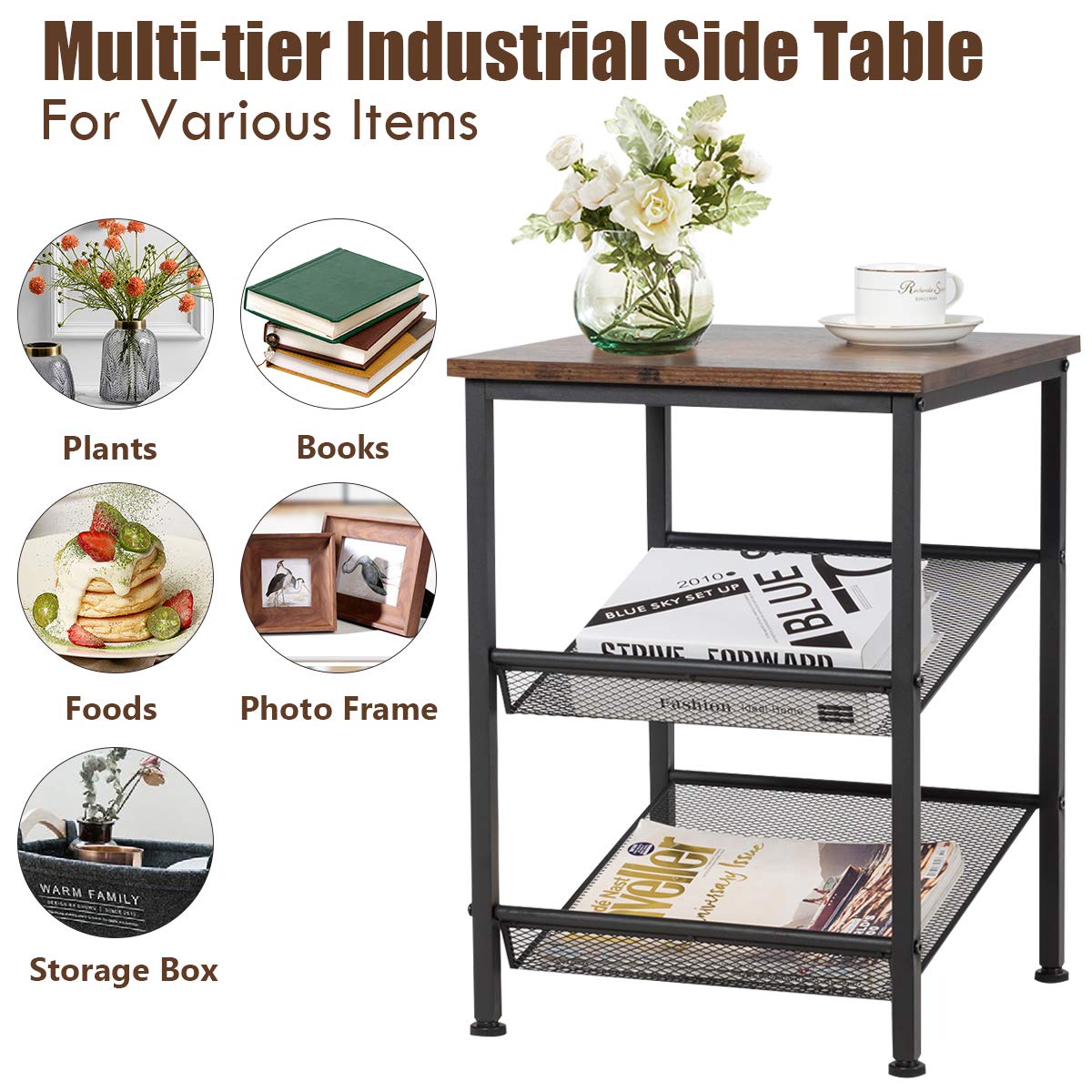 Safeplus End Table - 2 Tier & 3 Tier Modern Side Tables with Metal Mesh Storage | Industrial Nightstands for Living Room & Bedroom | Perfect for Small Spaces, Apartments & Dorm Rooms