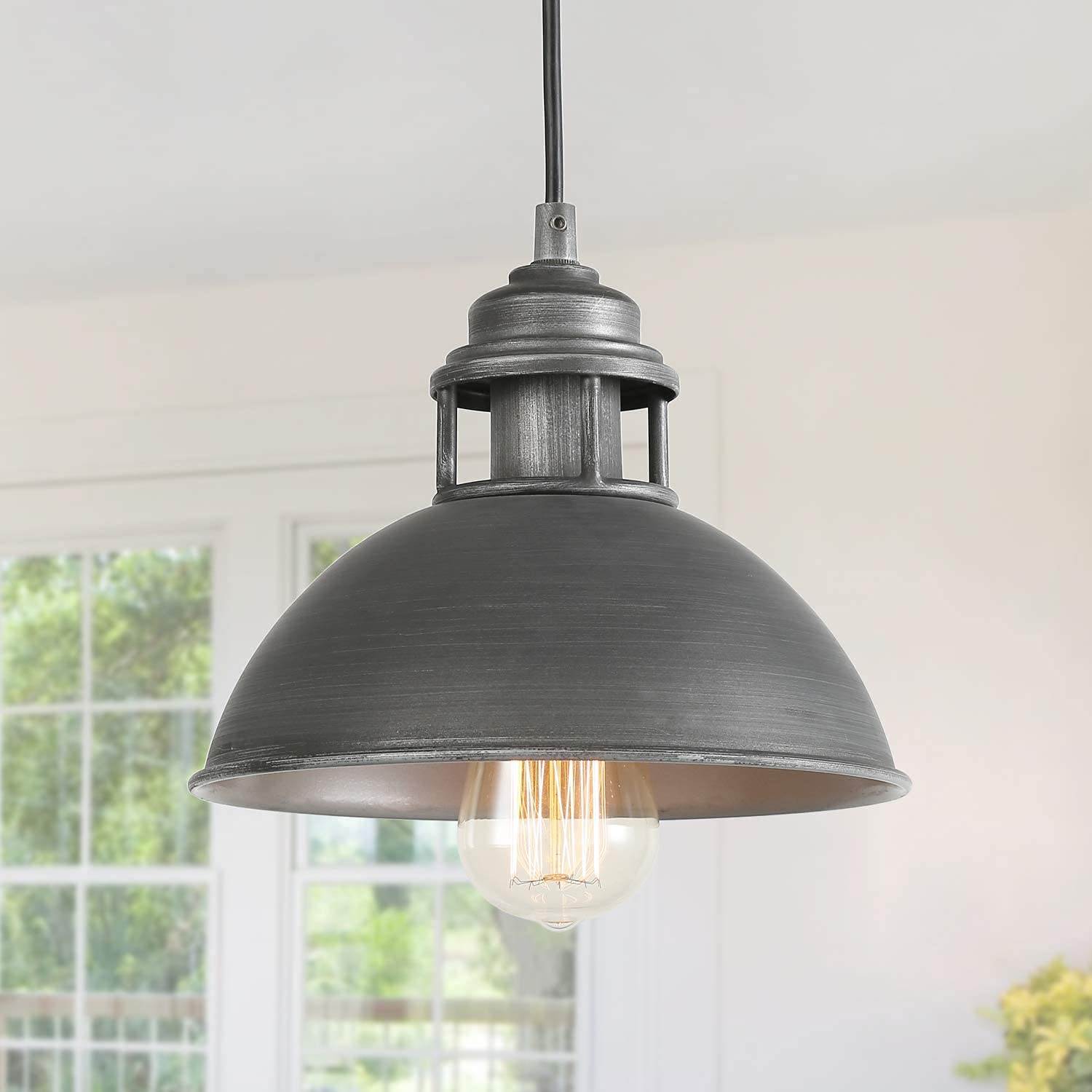 Optimant Industrial Pendant Lighting - Black & Silver Brushed Metal Light Fixtures for Kitchen Island, Bedroom, Dining & Living Room - Modern Hanging Lights for Home & Office Decor