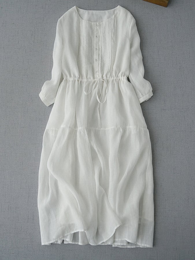 Lovevop Women's Cotton Linen Shirt Dress with Accordion Pleats - Casual Summer Midi Dress for Beach, Vacation & Everyday Wear
