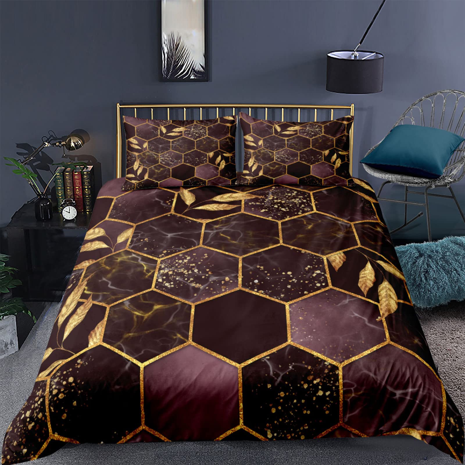 Modern 3D Printed Marble Duvet Cover Set Twin - Retro Geometric Quilt Bedding 3 Piece Set with Zipper Closure, Decorative Microfiber Polyester Comforter Cover & 2 Pillow Shams for Teen Bedroom, Guest Room or Dorm Decor