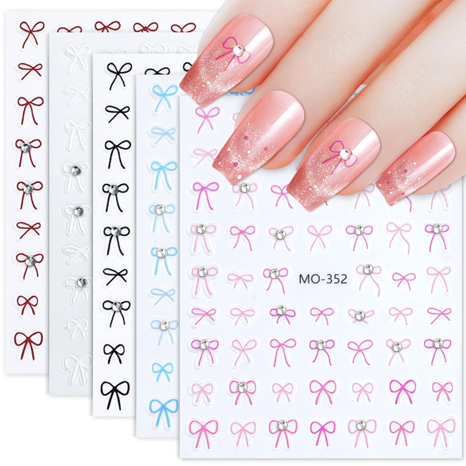 5D 3D Embossed Self-Adhesive Bow Nail Stickers - 5 Sheets Colorful Nail Art Decals for Women & Girls - Manicure Decoration Supplies (Design 807-19) - Perfect for Parties, Weddings, and Daily Nail Art Designs