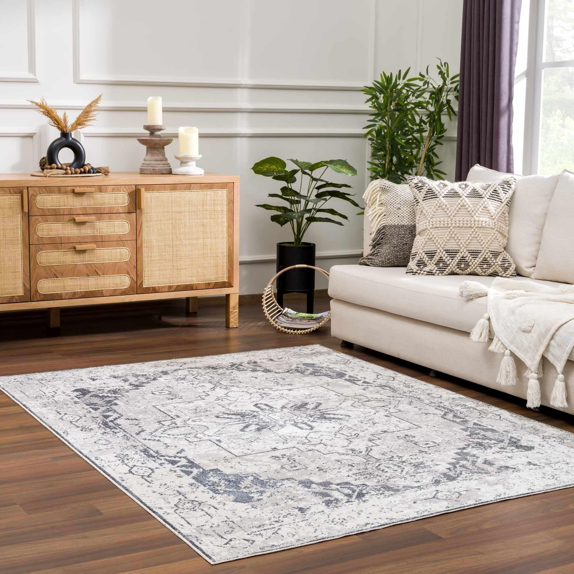 Hauteloom Hera Soft Machine Washable Area Rug - Ivory & Blue - 2'x3' - Perfect for Living Room, Bedroom, Nursery & Dorm Decor