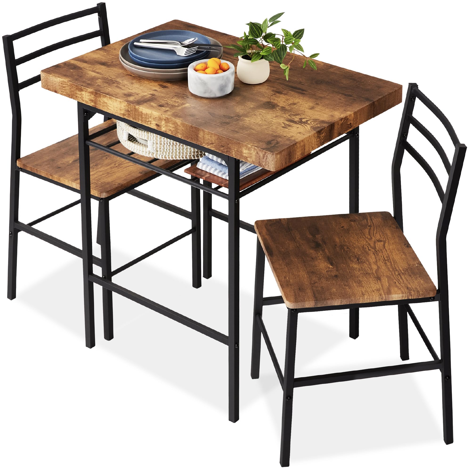Best Choice Products 3-Piece Modern Dining Set with Steel Frame & Built-in Storage - Space Saving Kitchen Dinette for Small Apartments, Breakfast Nooks & Compact Dining Rooms (Brown) - Perfect for Studio Living, Tiny Homes & Cozy Dining Spaces