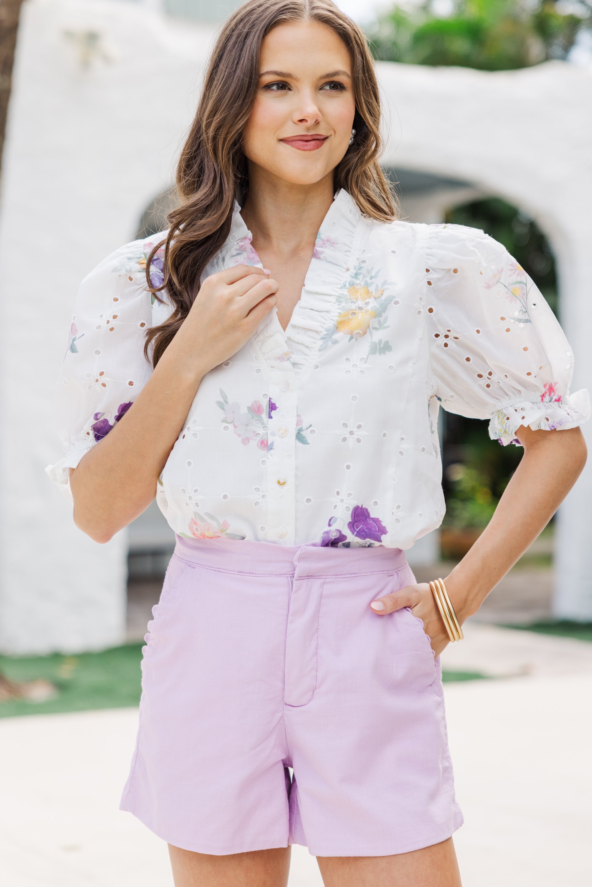 White Floral Eyelet Blouse for Women - Elegant Lace Top with Romantic Floral Pattern | Perfect for Spring Outfits, Date Nights & Office Wear