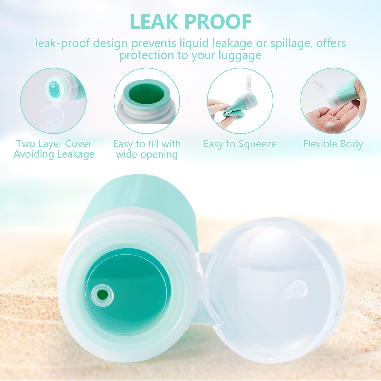 XMOSNZ 4-Pack Silicone Travel Bottles for Toiletries (90ml) - BPA Free, TSA Approved Refillable Shampoo & Conditioner Bottles with Clear Bag - Perfect for Air Travel, Gym, Camping & Vacation Essentials