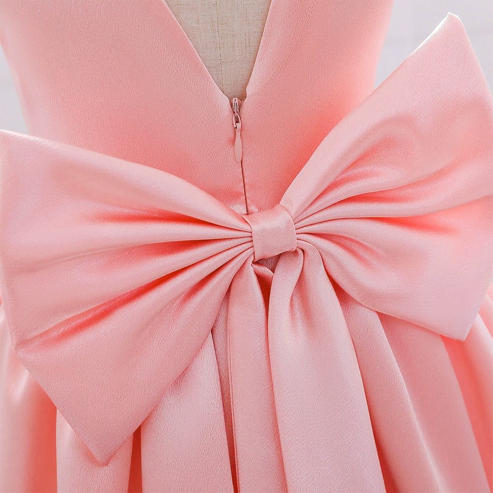 Pink Princess Round Tea Length Satin Flower Girl Dress for Weddings, Birthday Parties & Special Occasions