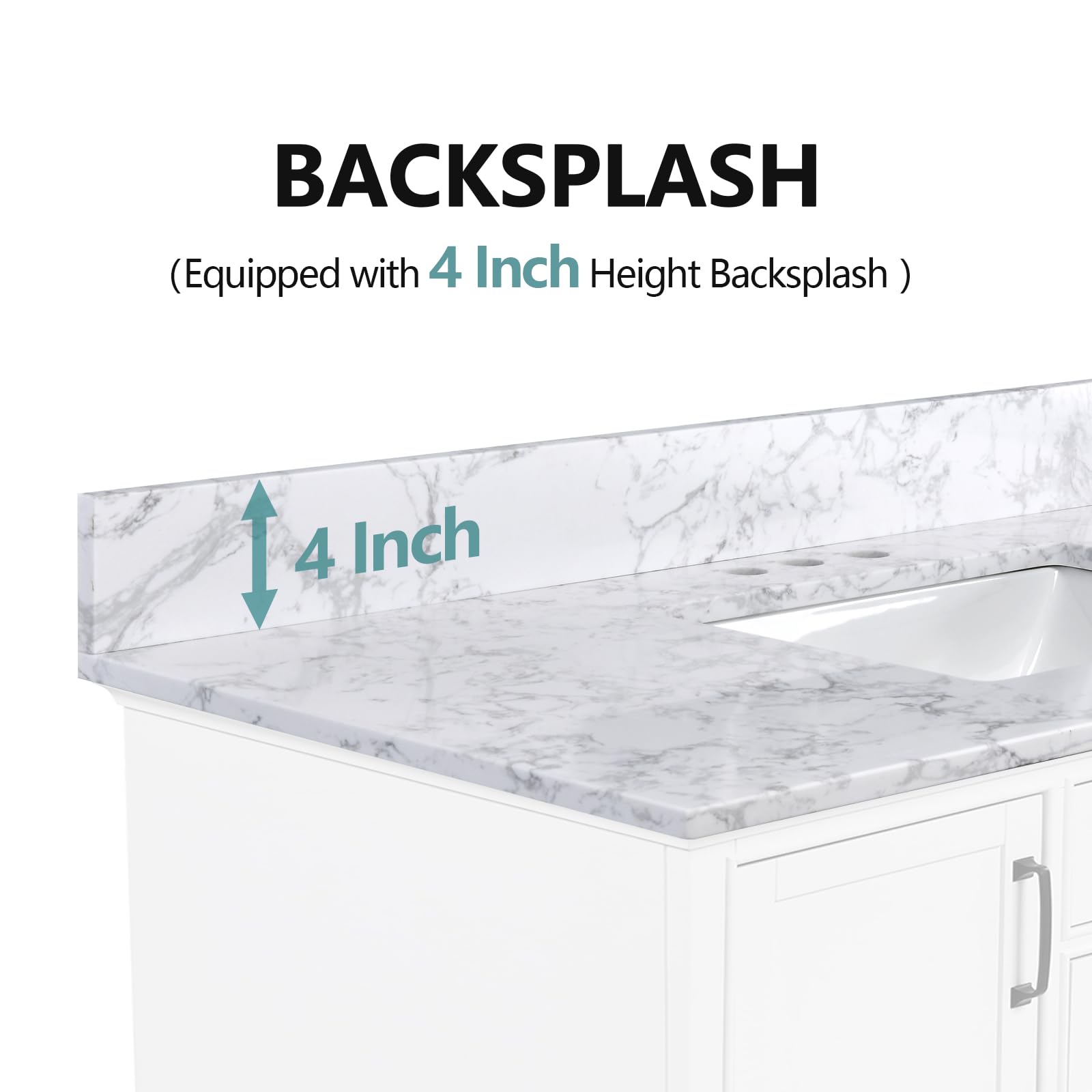 48x22 Inch White Engineered Stone Bathroom Vanity Top with Integrated Sink - 8 Inch 3-Hole Faucet Spread & Backsplash (Faucet Not Included) - Perfect for Modern Bathroom Renovations & Small Space Solutions