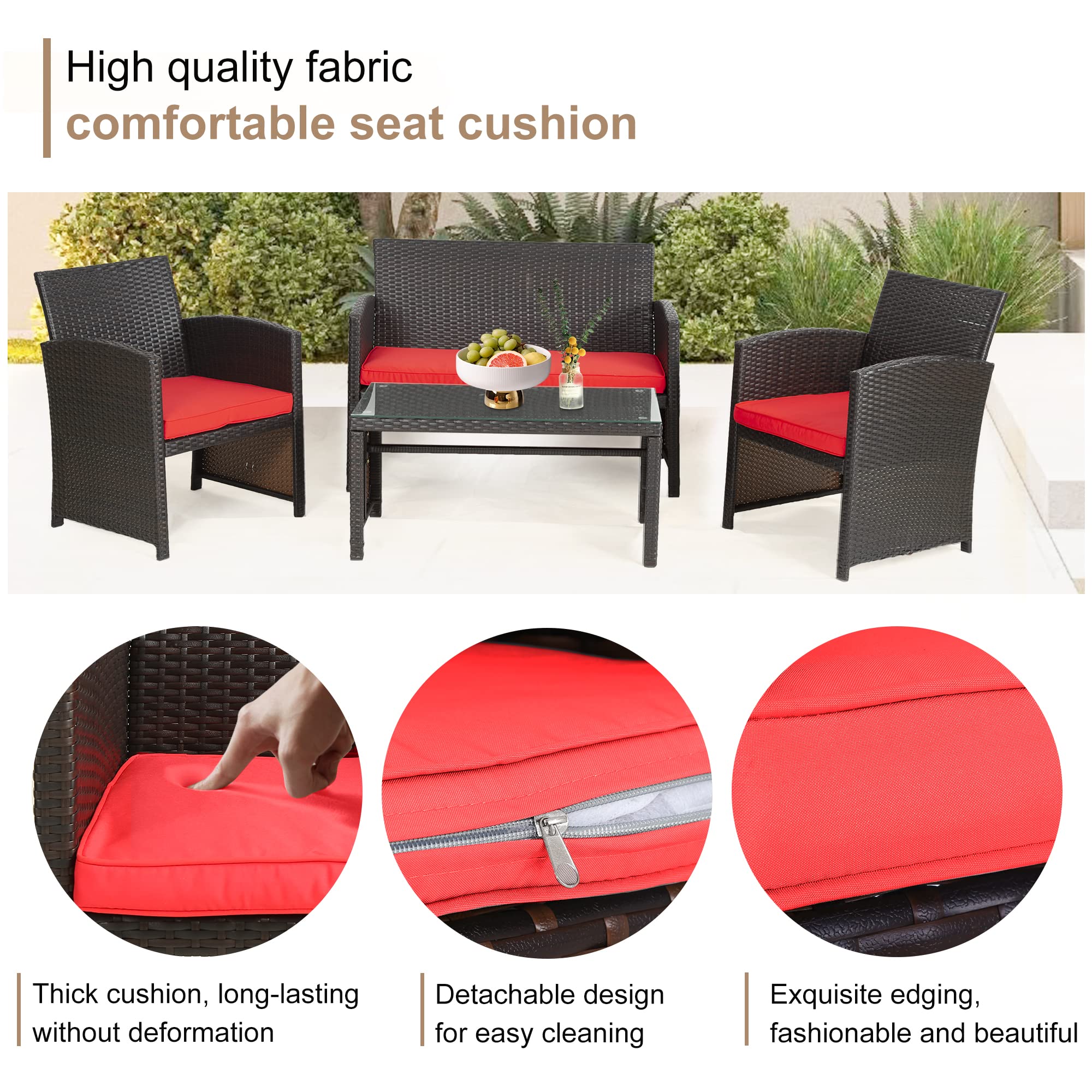 FDW 4-Piece Outdoor Patio Furniture Set - Wicker Rattan Conversation Set with Chairs for Poolside, Lawn, Porch, Balcony & Garden (Brown & Red) - Perfect for Relaxing, Entertaining & Outdoor Dining
