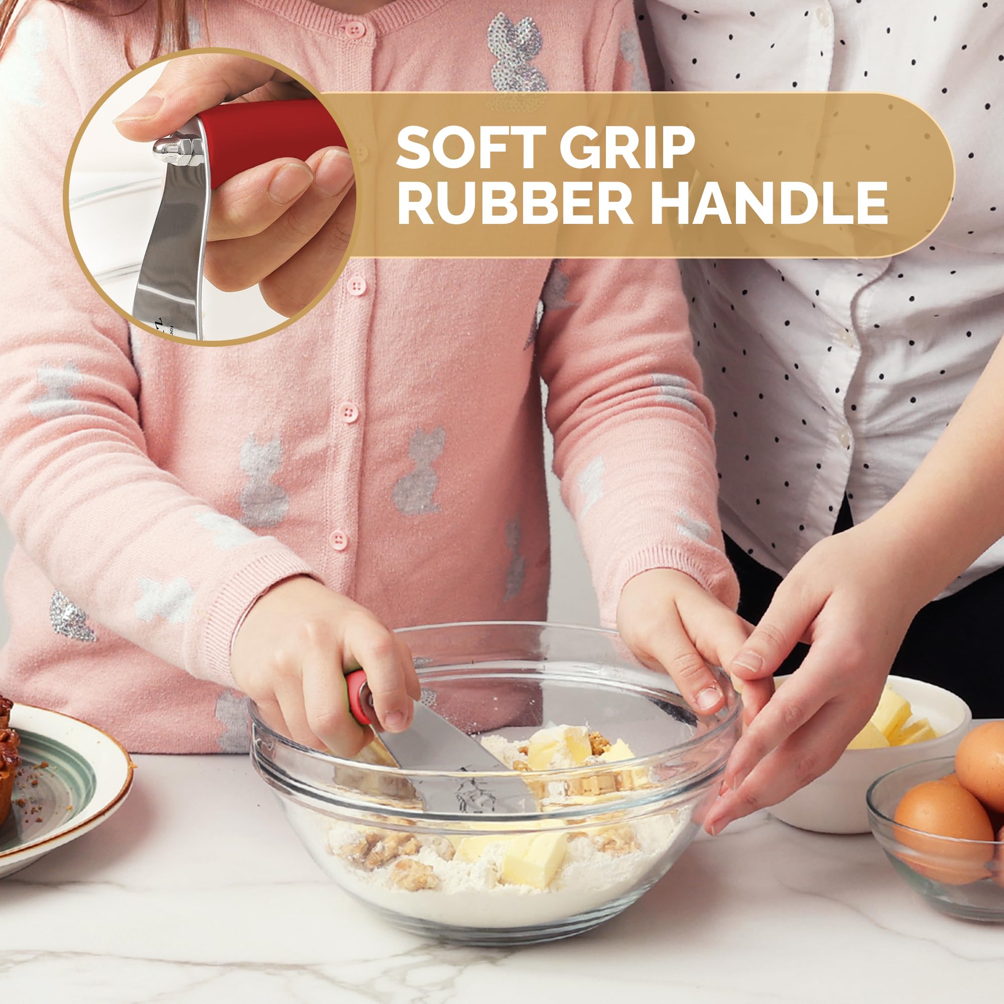Zulay Kitchen Professional Stainless Steel Dough Blender - Heavy Duty Pastry Cutter with Sharp Blades for Baking Pies, Cookies & Biscuits - Perfect Butter Cutter for Home Bakers (Red) - Ideal for Making Flaky Pastry, Pie Crusts & Homemade Cookies