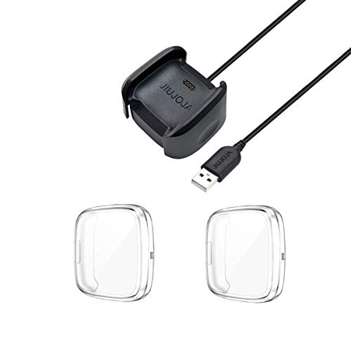 Original Fitbit Versa 2 Charger Dock Replacement with Charging Cable & 2-Pack Screen Protector - Soft TPU Case & Full Cover Protection for Versa 2 Smartwatch - Perfect for Home, Office, and Travel Charging