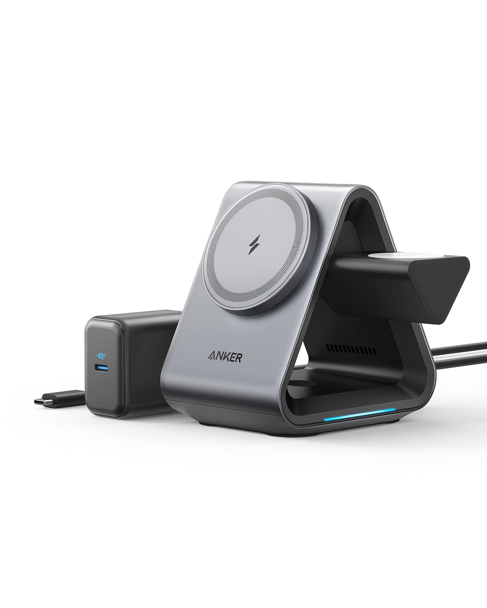 Anker MagGo 3-in-1 Magnetic Wireless Charging Station - MFi Certified 15W Max Fast Charger for iPhone 16/15/14/13/12, Apple Watch Series 8/7/6 & AirPods 3/Pro (Includes 30W USB-C Adapter) - Perfect for Home, Office & Travel Charging