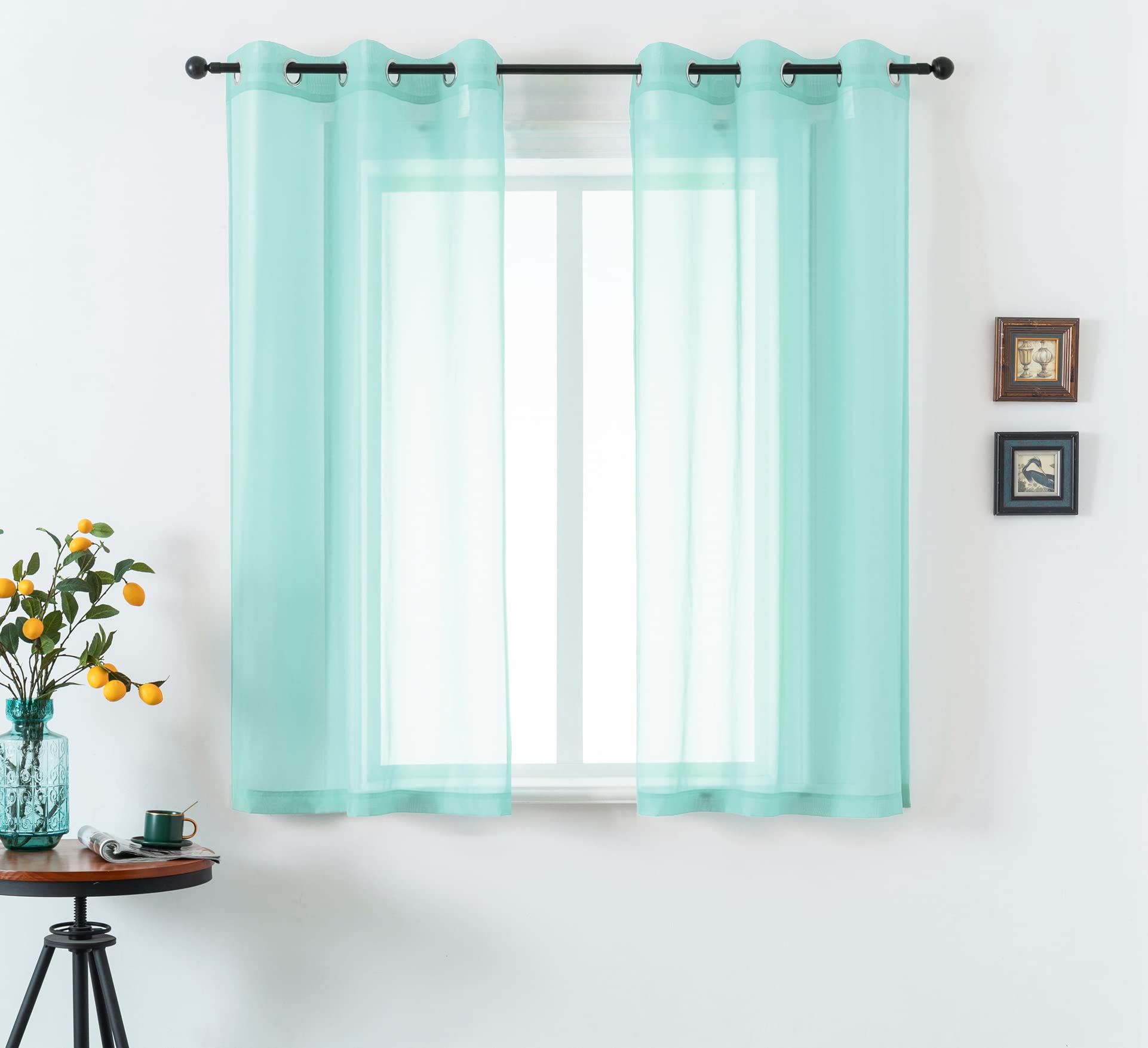 Dualife 54 Inch Aqua Voile Sheer Curtains Set of 2 Panels - Soft Mint Green Grommet Top Window Drapes for Small Windows (42x54 Inches) - Perfect for Bathroom, Boys Bedroom & Kitchen Decor