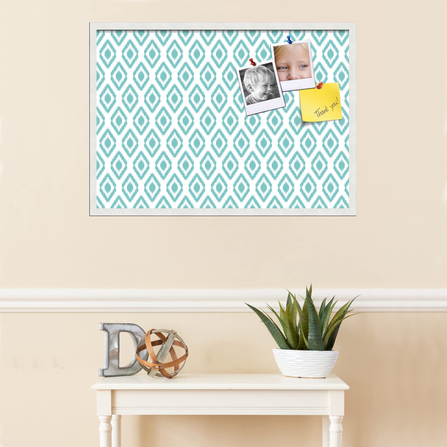 PinPix 34x24 Inch Cork Bulletin Board with Ikat Aqua Design & Satin White Frame - Decorative Framed Pin Board for Home, Office, School & Dorm Room Organization - Perfect for Notes, Photos, Memos & Wall Decor
