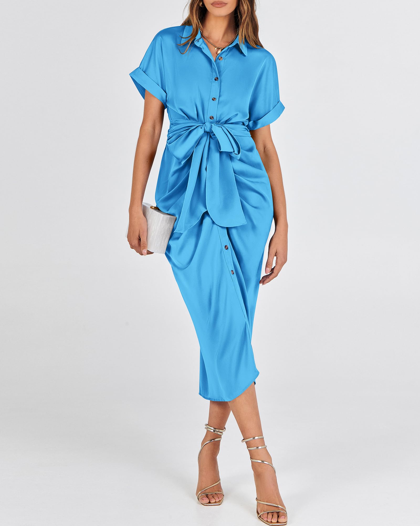 BTFBM Women's 2025 Ruched Button Down Shirt Dress - Short Sleeve Lapel V-Neck Elegant Satin Maxi Dress for Spring Summer | Perfect for Parties, Weddings & Special Occasions