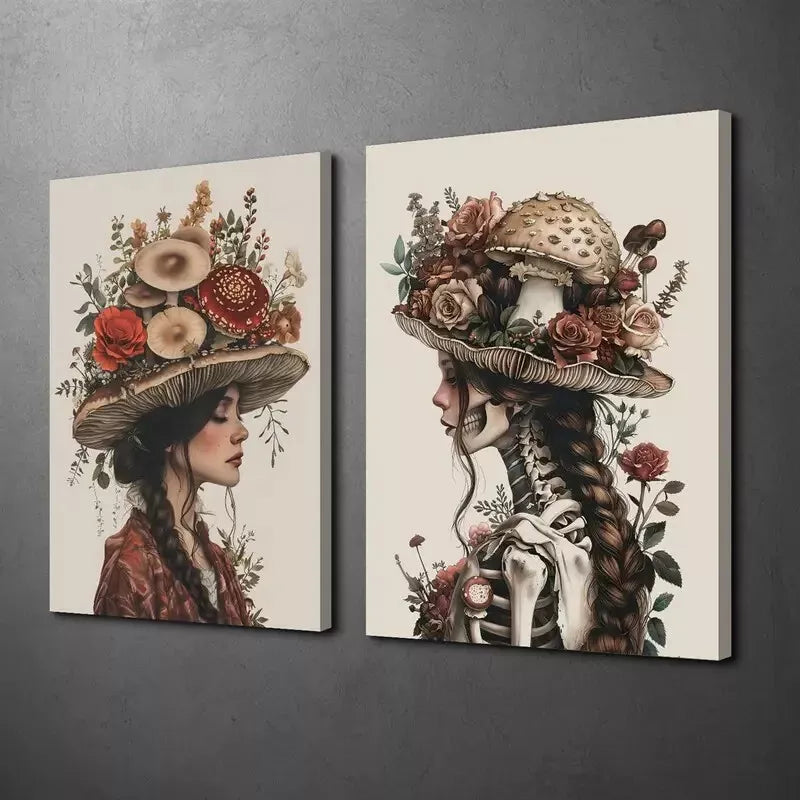 2PCS Mysterious Style Skull with Mushrooms & Flowers Oil Painting Canvas Wall Art - 50x75cm Framed High Quality Print - 100% Australian Made - Ready to Hang for Living Room, Bedroom & Office Decor