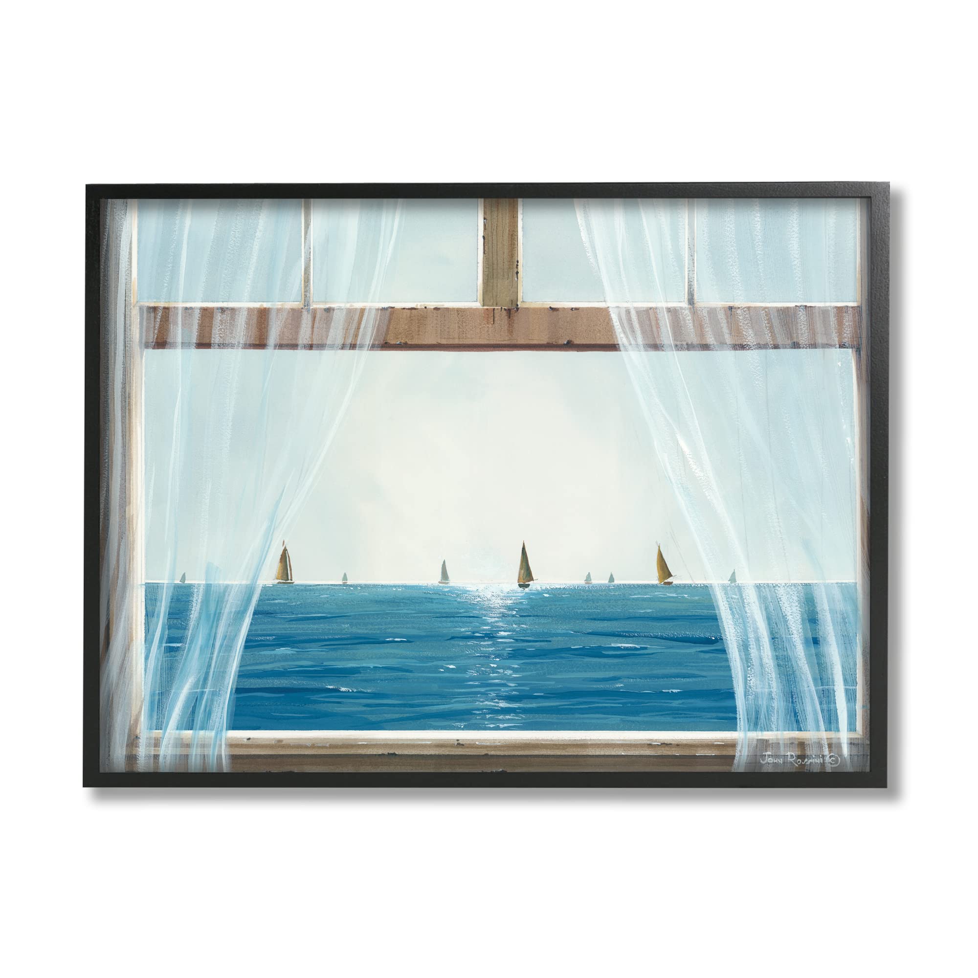 Stupell Industries Serene Beach House Window View Sailboats Ocean Canvas Wall Art - Coastal Decor by John Rossini - Perfect for Living Room, Bedroom & Beach House Decor