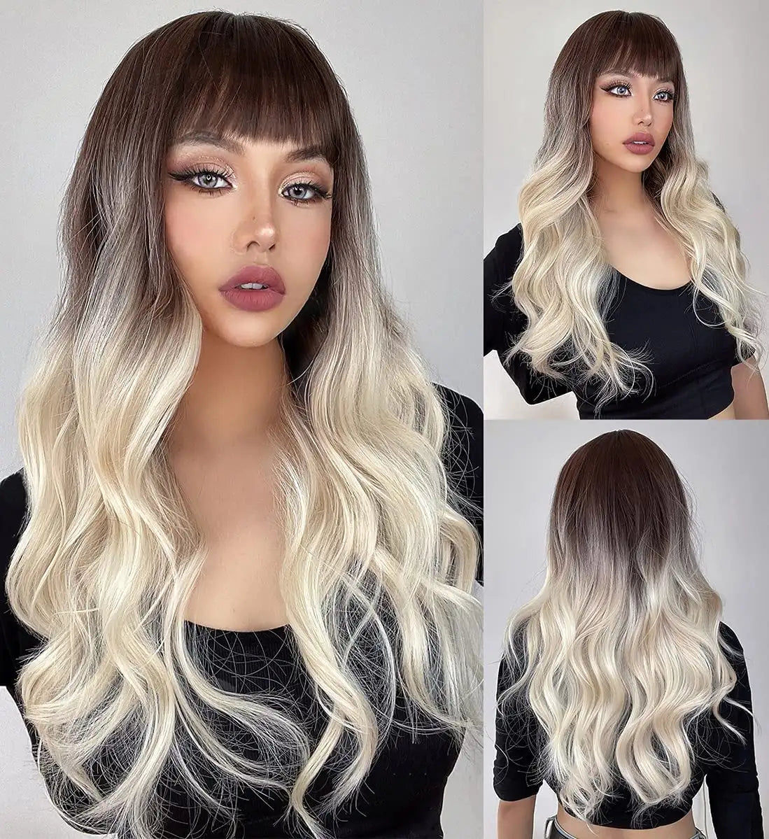 Dark Brown to Platinum Blonde Ombre Synthetic Wig for Women - Perfect for Cosplay, Halloween, and Daily Fashion