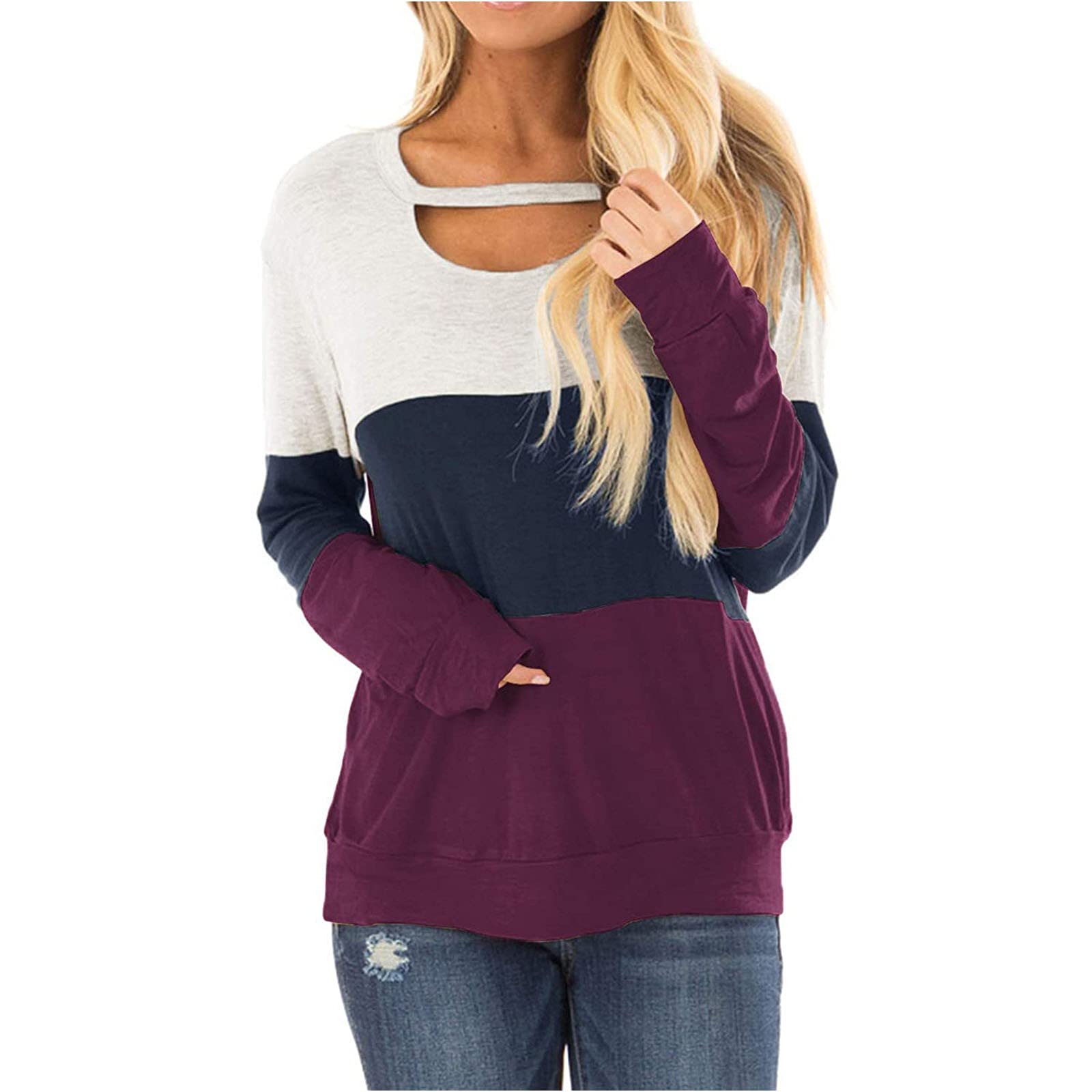 Women's Casual Graphic Tees Long Sleeve Patchwork Color Block Loose Fit Tunic Blouse - Purple | Trendy Streetwear & Layering Essential for Fall/Winter Fashion