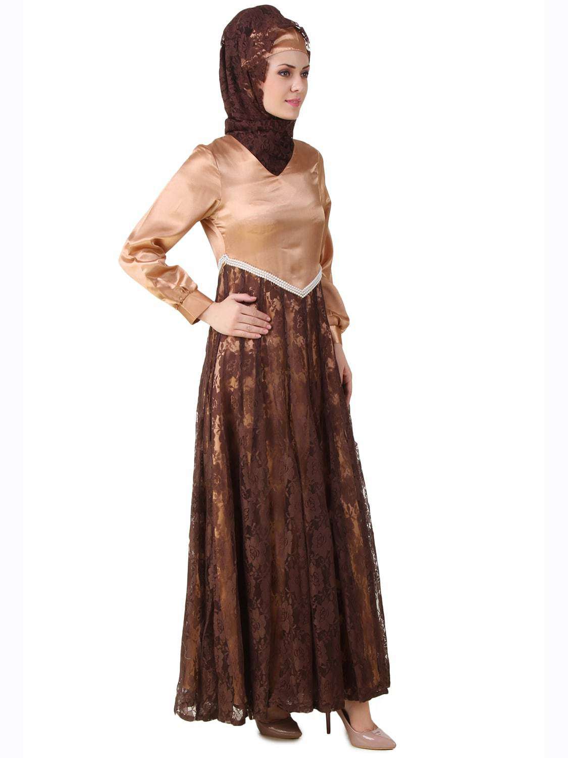 Elegant Mahrosh Copper Satin & Brown Floral Net Abaya Dress - Modest Islamic Prayer Gown for Women - Perfect for Eid, Ramadan & Special Occasions