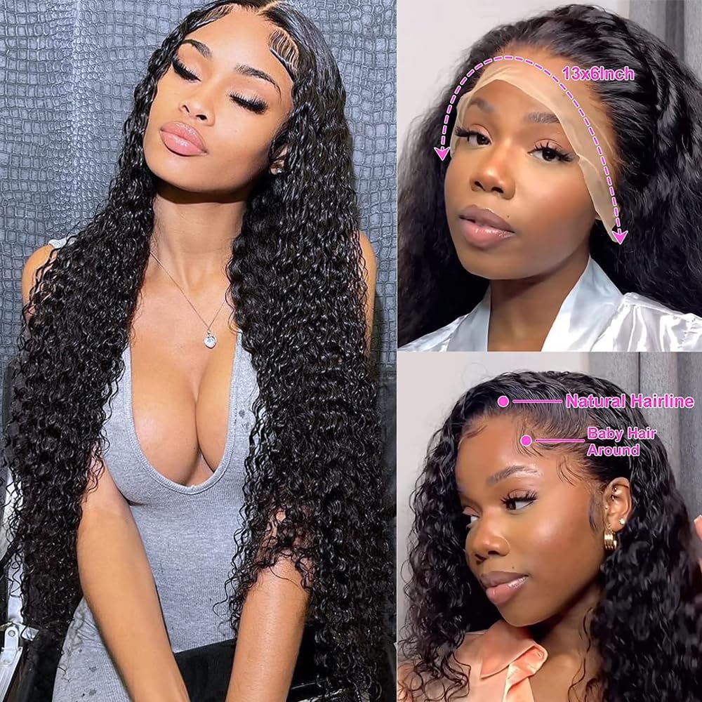 Oveflec 28 Inch 13x6 Lace Front Wigs Human Hair - 200% Density Deep Wave Virgin Hair Wig for Women, Pre-Plucked Natural Color, Breathable & Comfortable for Daily Wear, Parties & Special Occasions